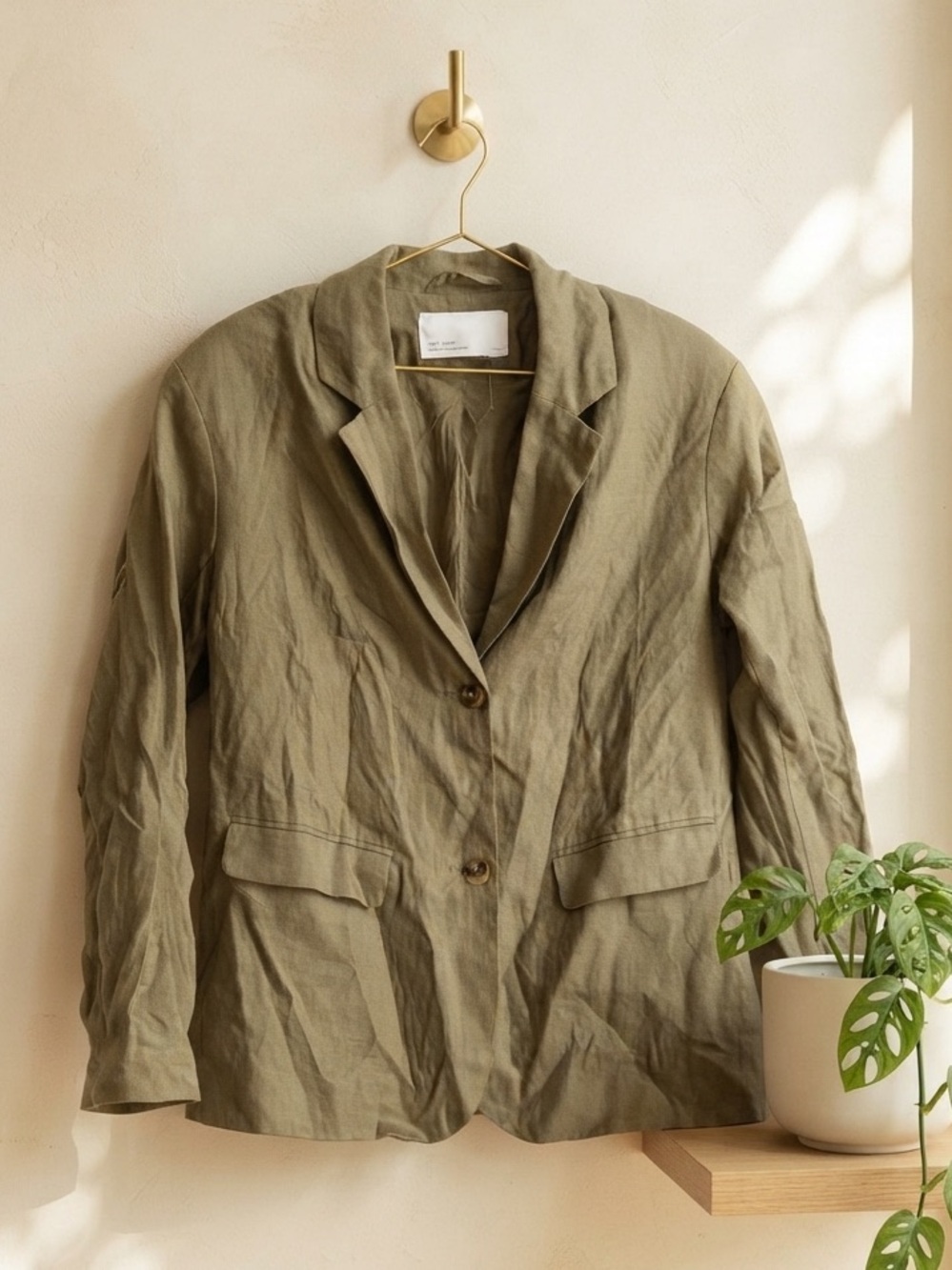 OAK + FORT Olive Linen Single-Breasted Lightweight Blazer
